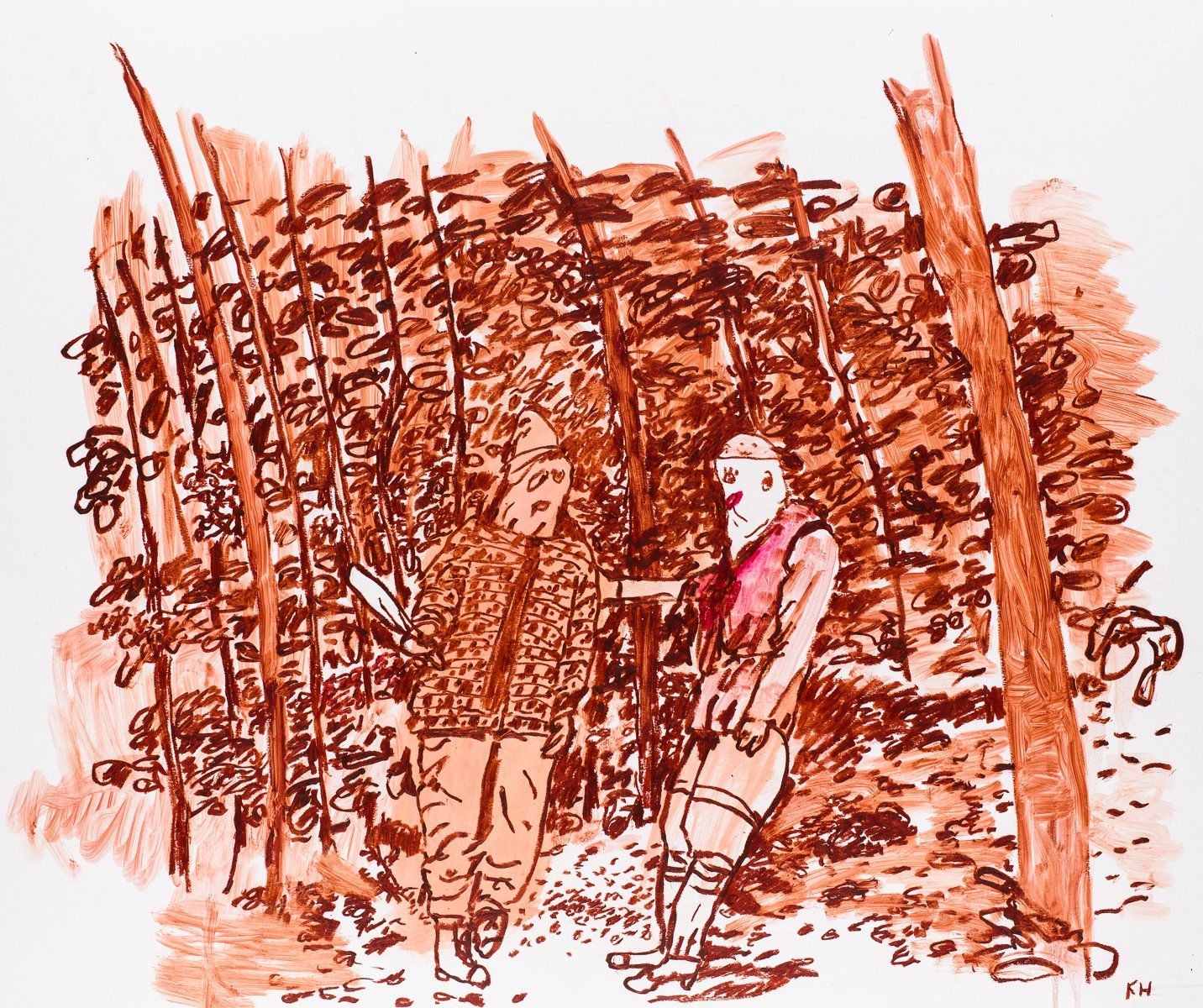 A drawing of two men standing next to each other in a forest