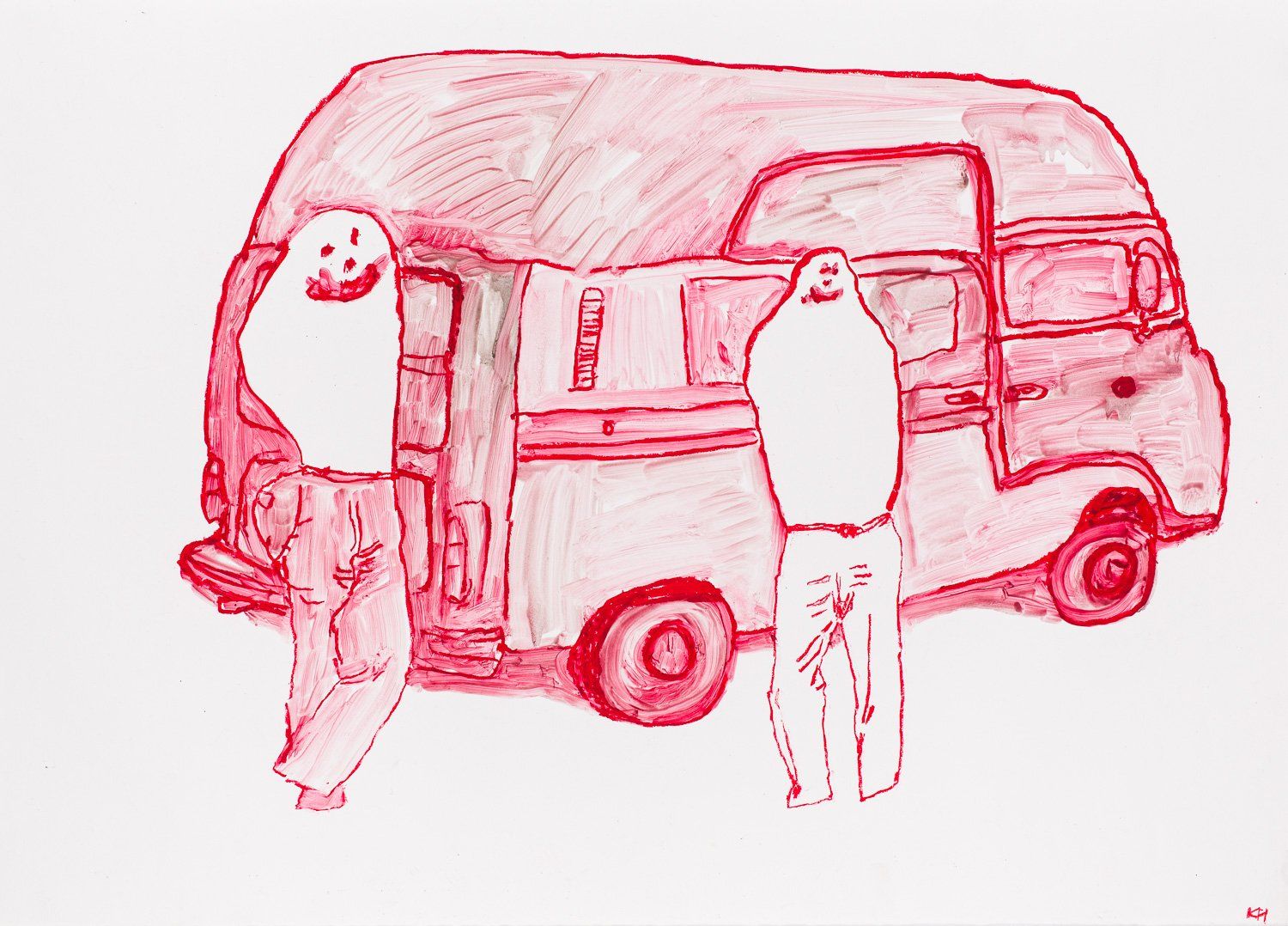 A drawing of two people standing next to a red van