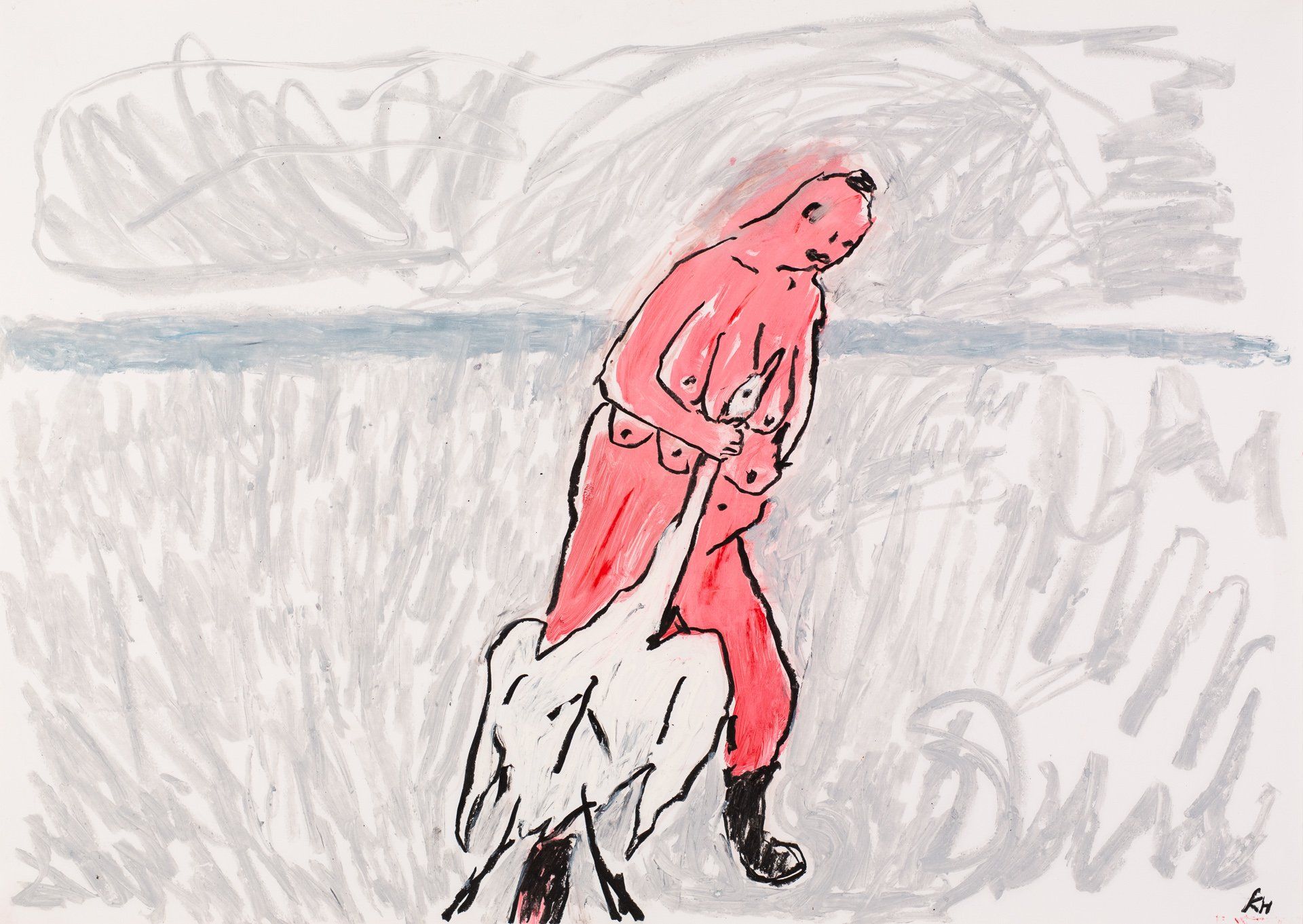 A drawing of a man in a red robe holding a sheep
