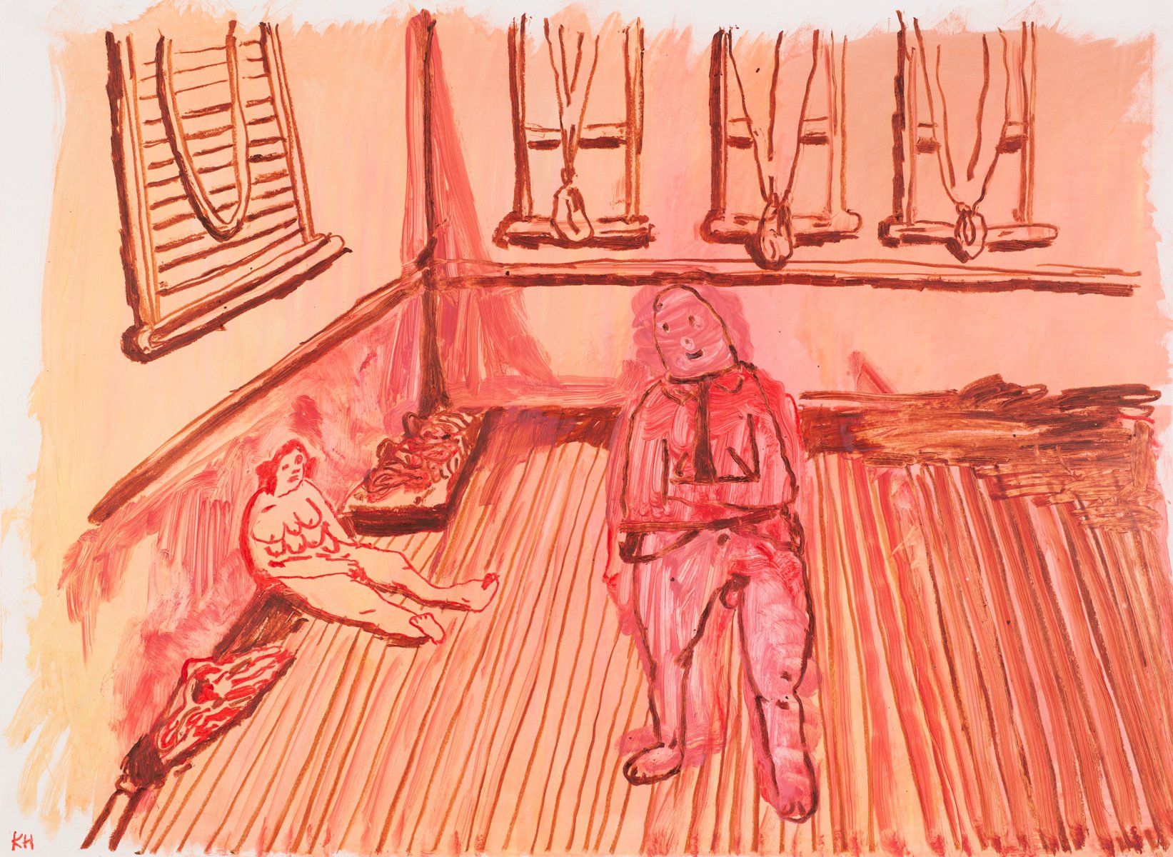 A drawing of a man sitting in a room with a woman laying on the floor.