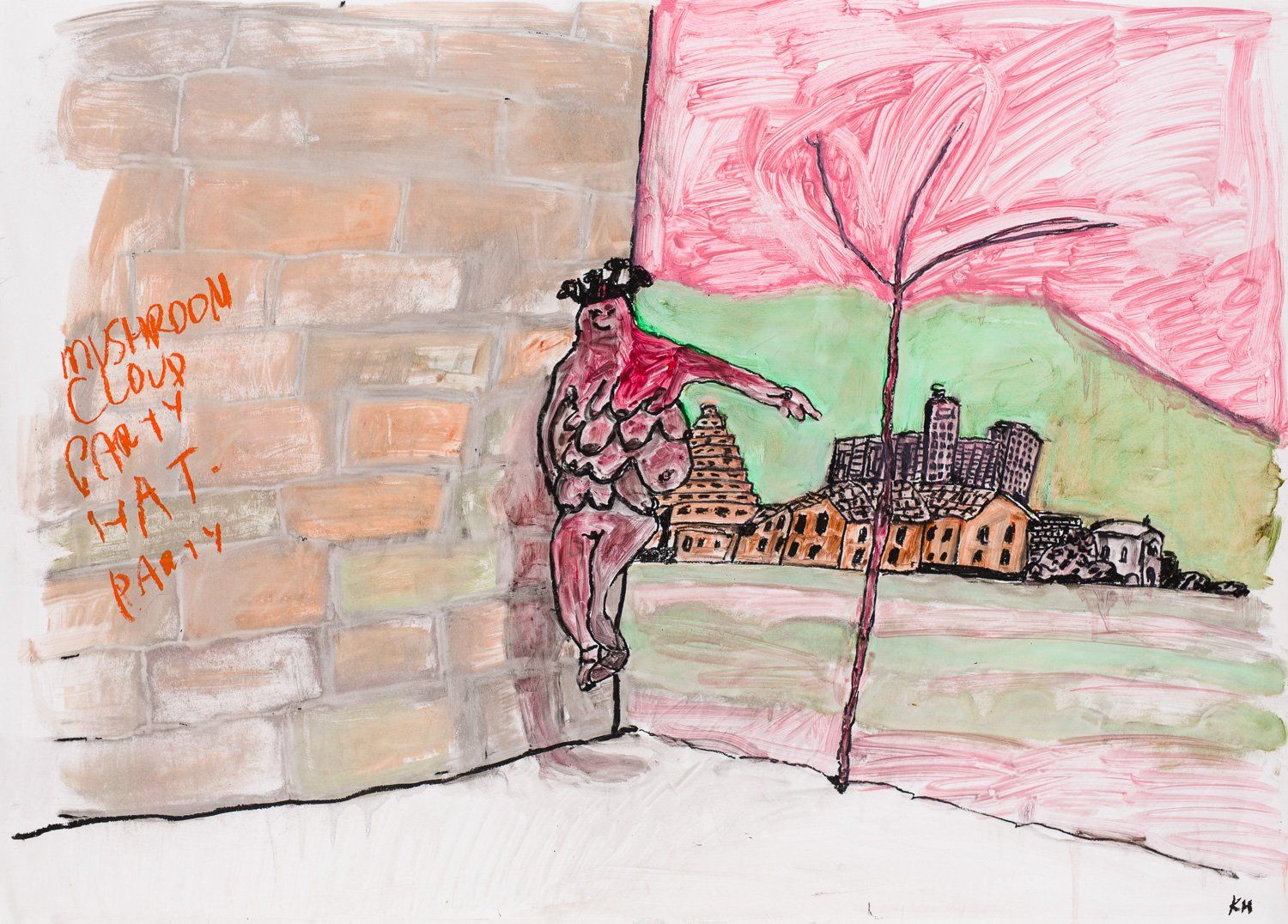 A drawing of a person leaning against a brick wall.