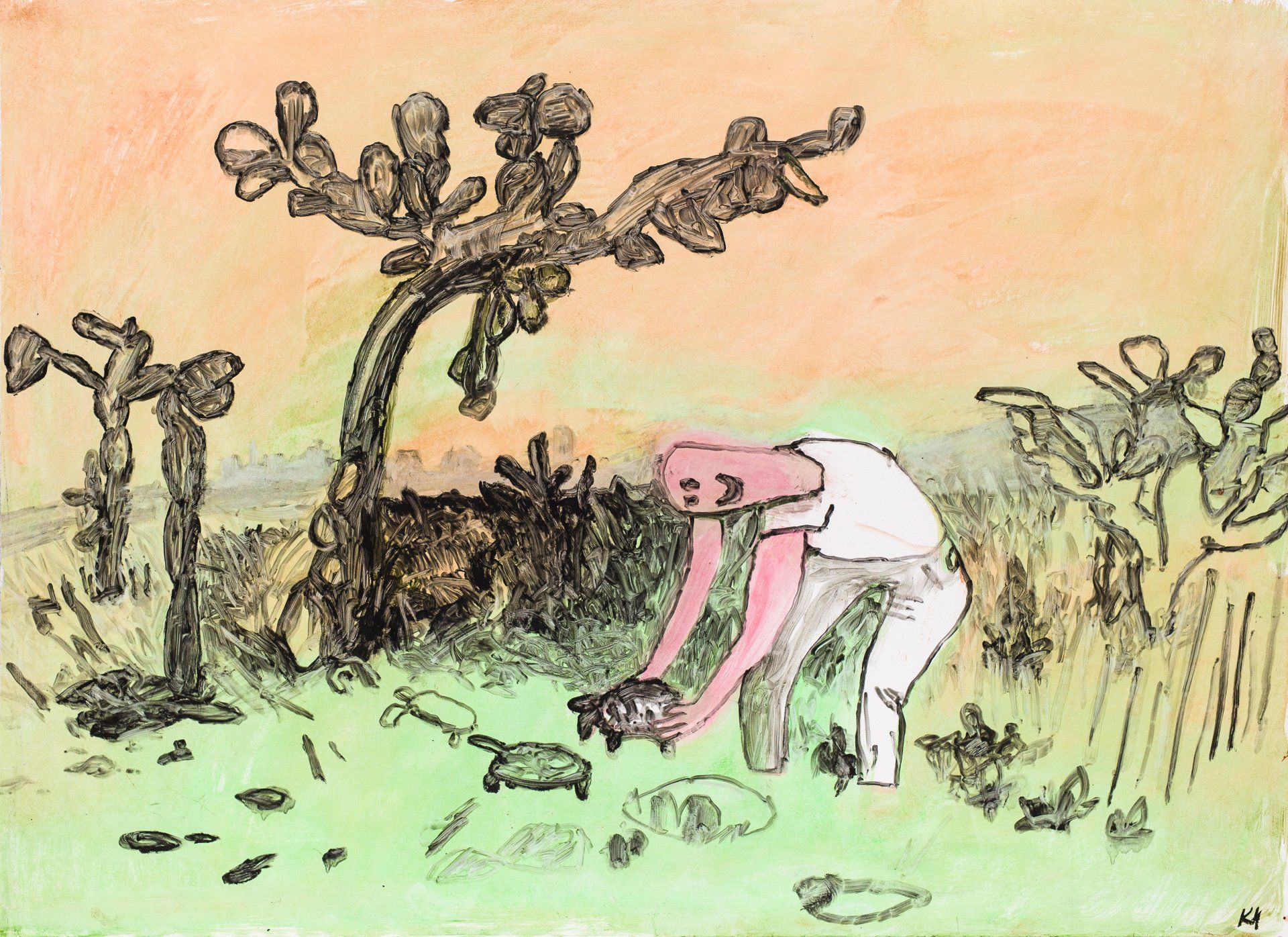 A drawing of a man picking up a cactus in a field