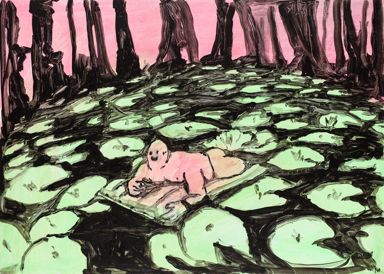A drawing of a woman laying on a bed of lily pads.