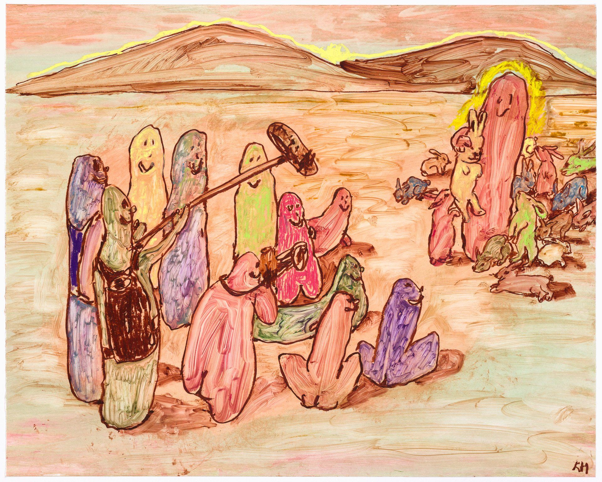 A painting of a group of spongebob characters on a beach