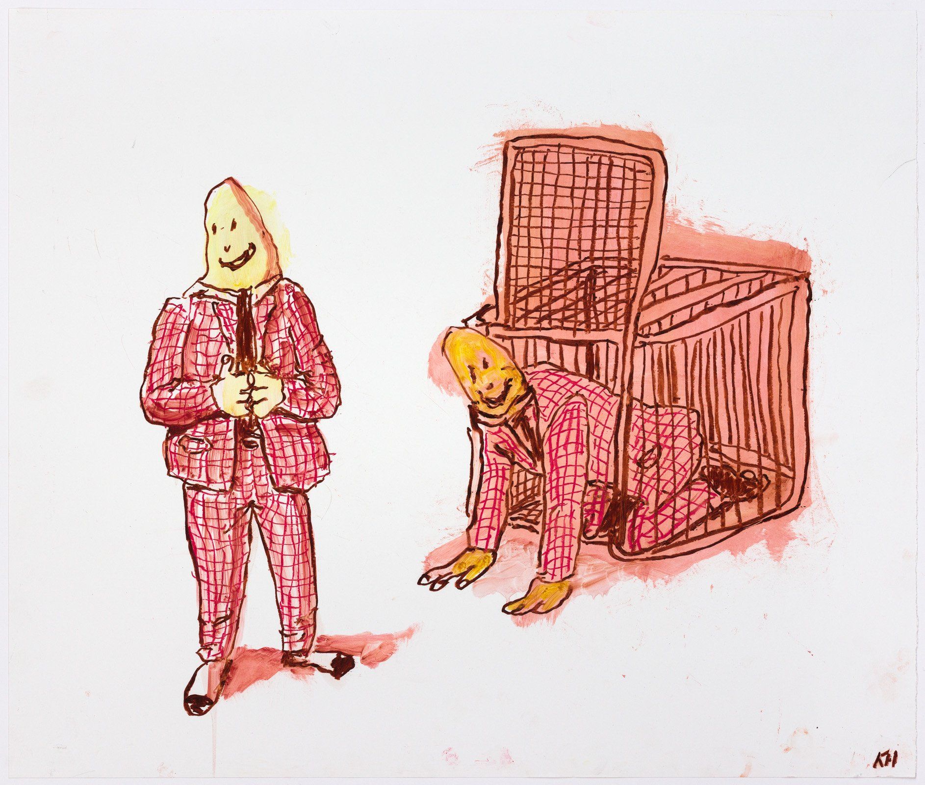 A man in a suit is standing next to a man in a cage.