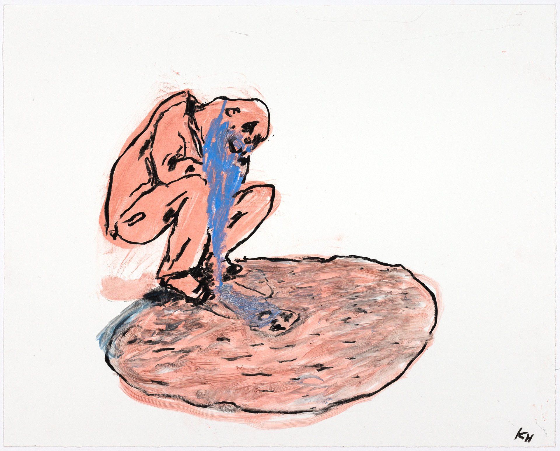 A drawing of a person squatting on a pile of dirt.