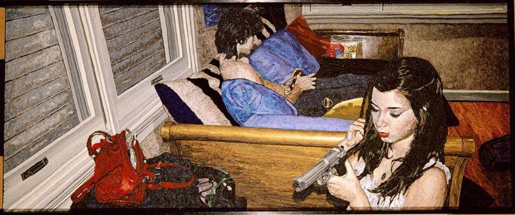 Art of a woman holding a gun and a person sitting on a yellow couch.