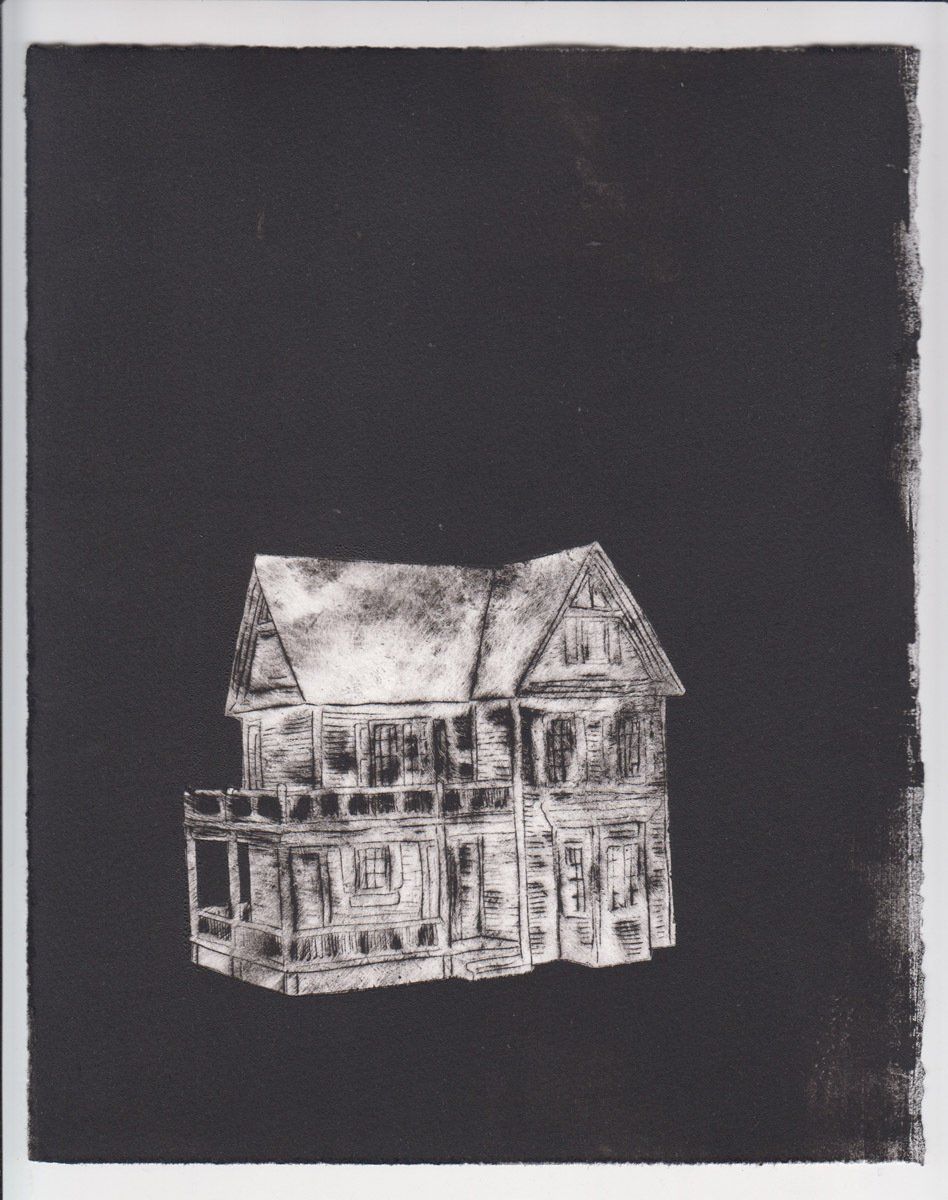 A black and white drawing of a house on a black background