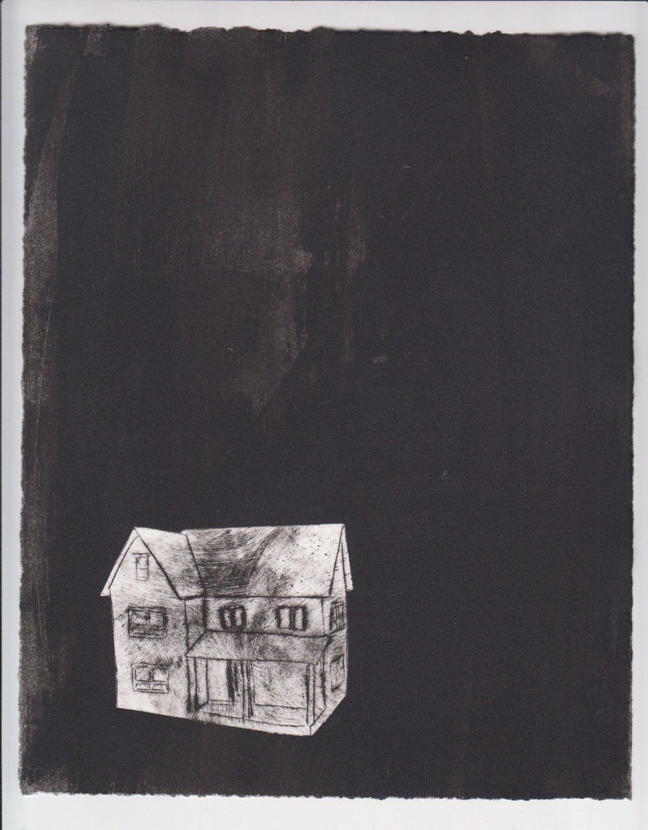 A black and white drawing of a house on a black background