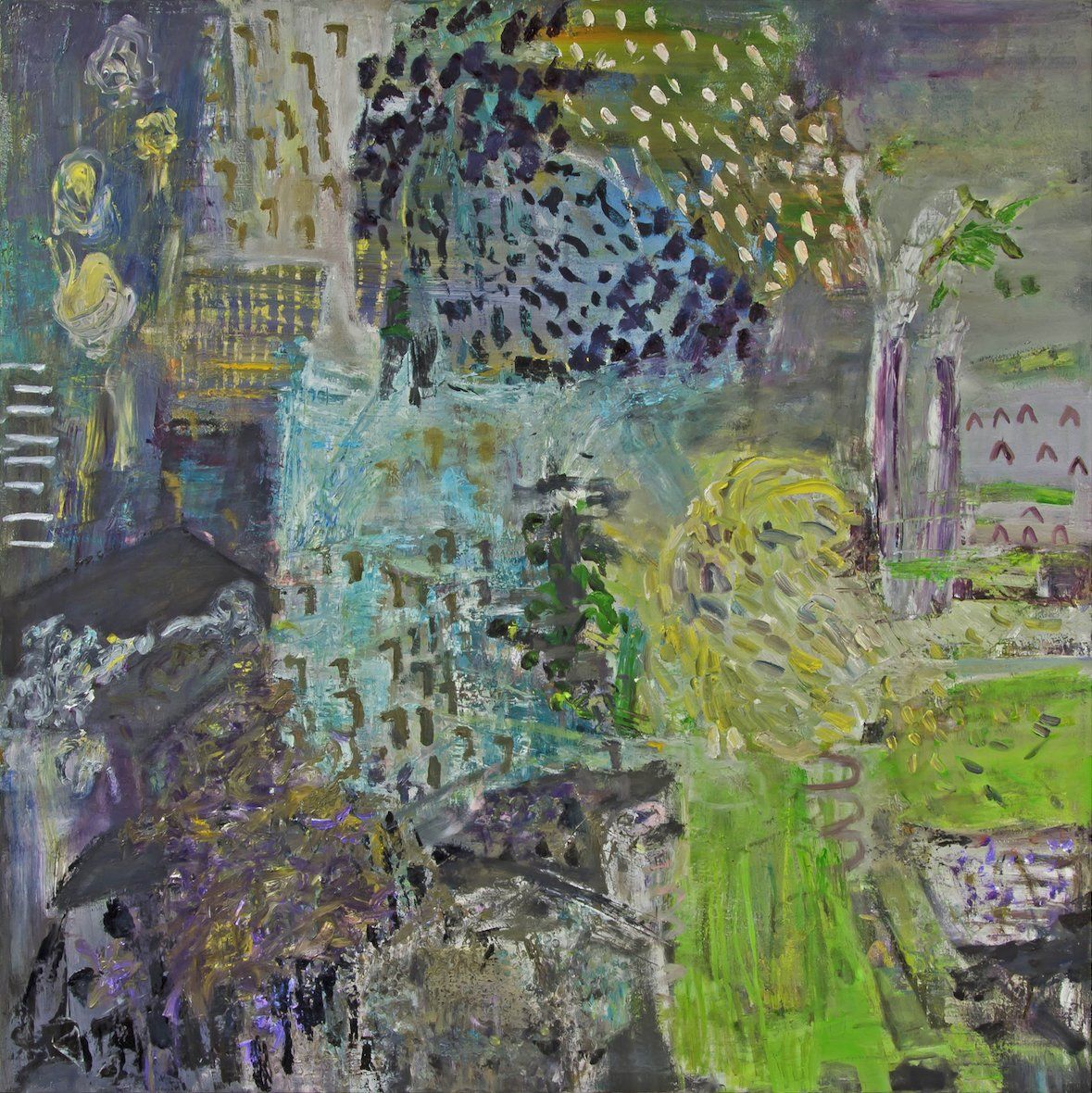 A painting of a leopard in a field with buildings in the background.