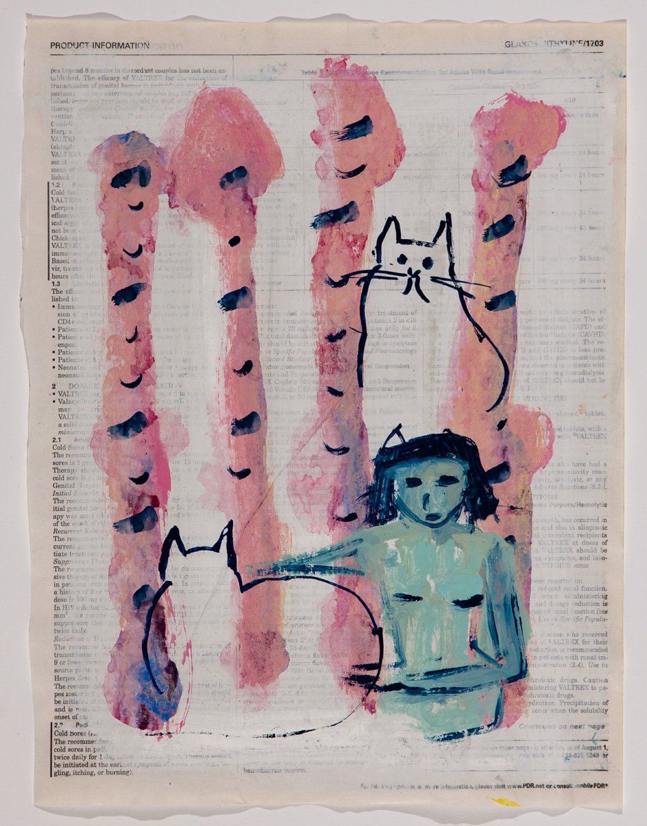 A painting of a woman and a cat on a sheet of paper