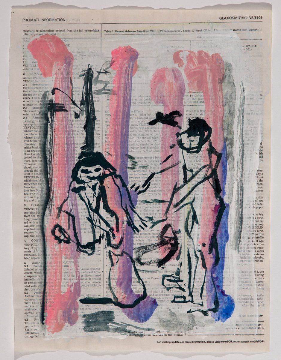 A drawing of two people on a page of a newspaper
