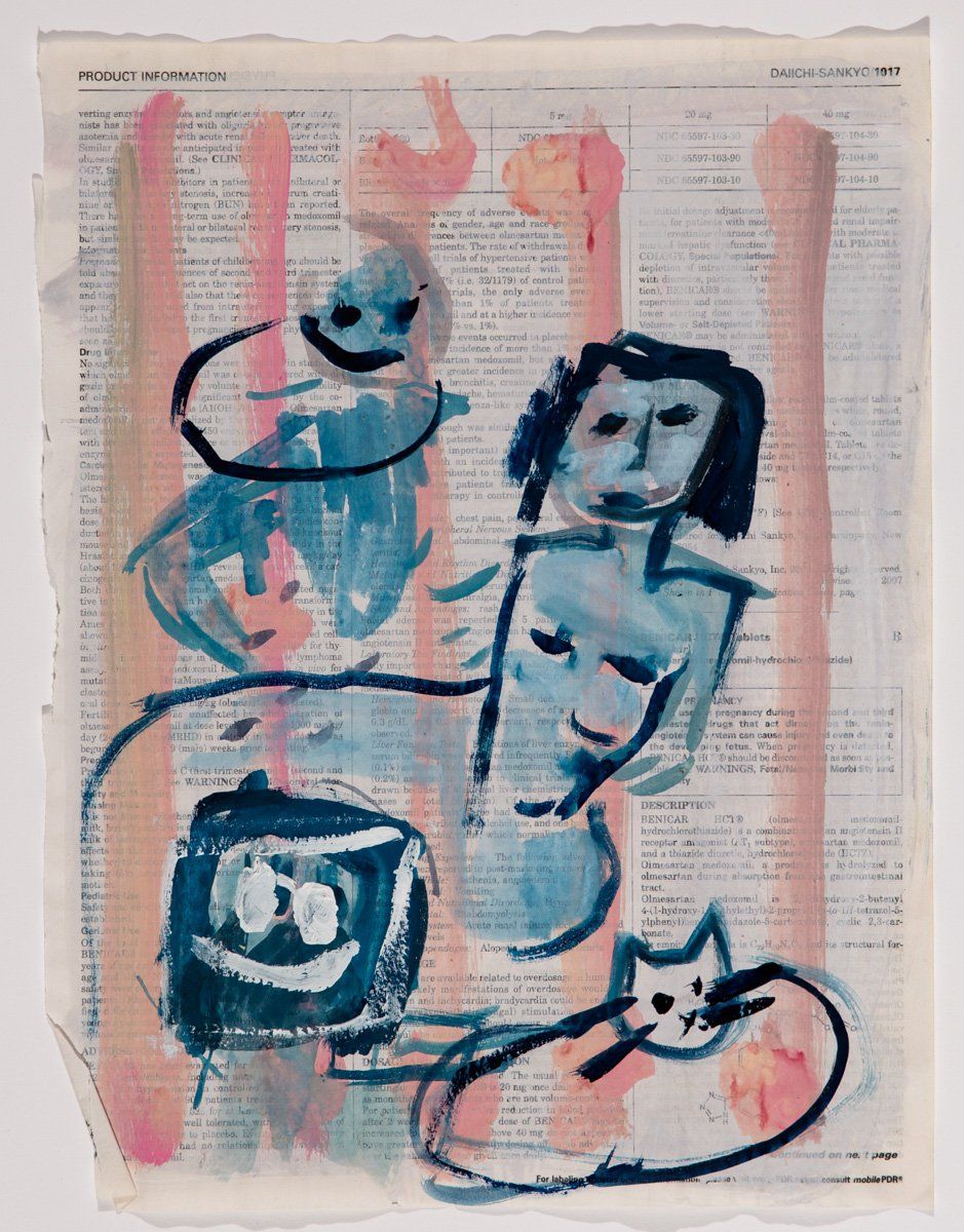 A painting of two people and a cat on a page of a newspaper