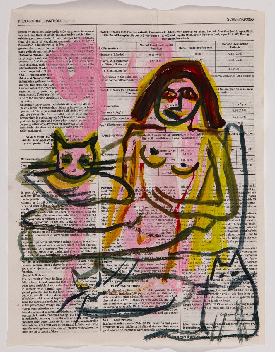A painting of a woman holding two cats on a dictionary page