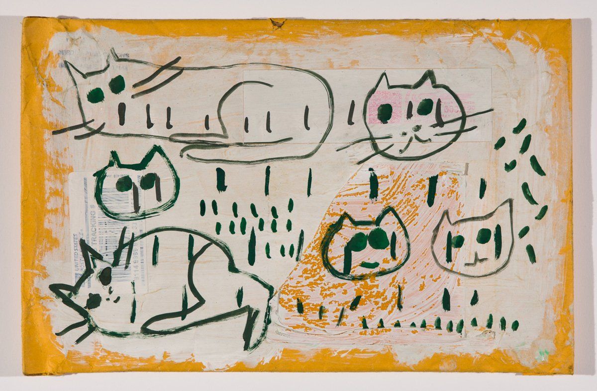 A drawing of cats on a yellow and white background