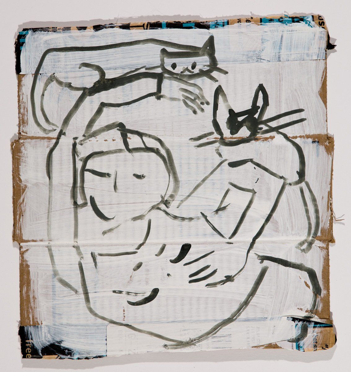 A black and white drawing of a woman and a cat