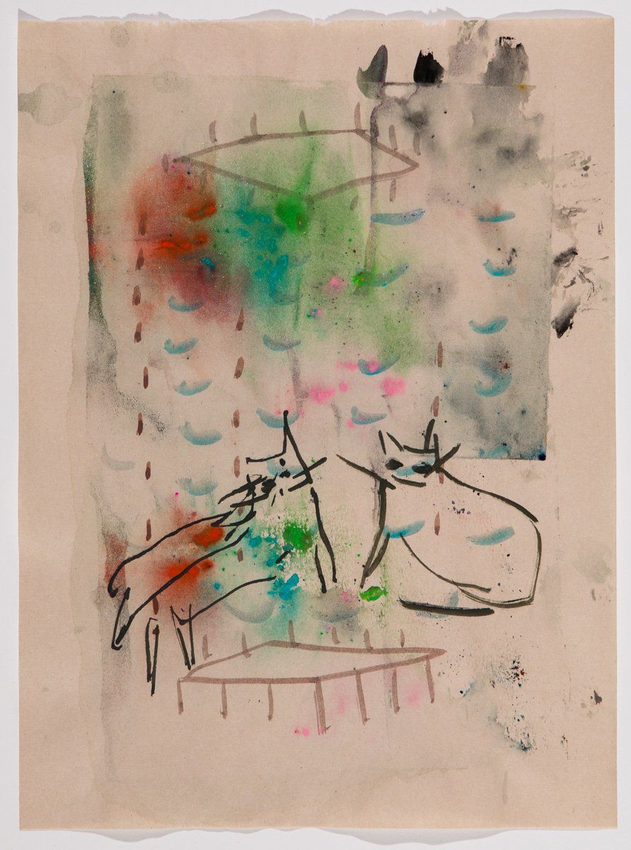 A drawing of two cats sitting next to each other on a table.