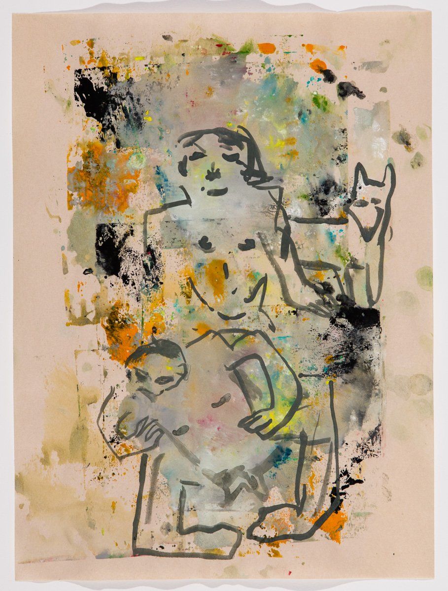 A painting of a woman holding a baby and a cat.