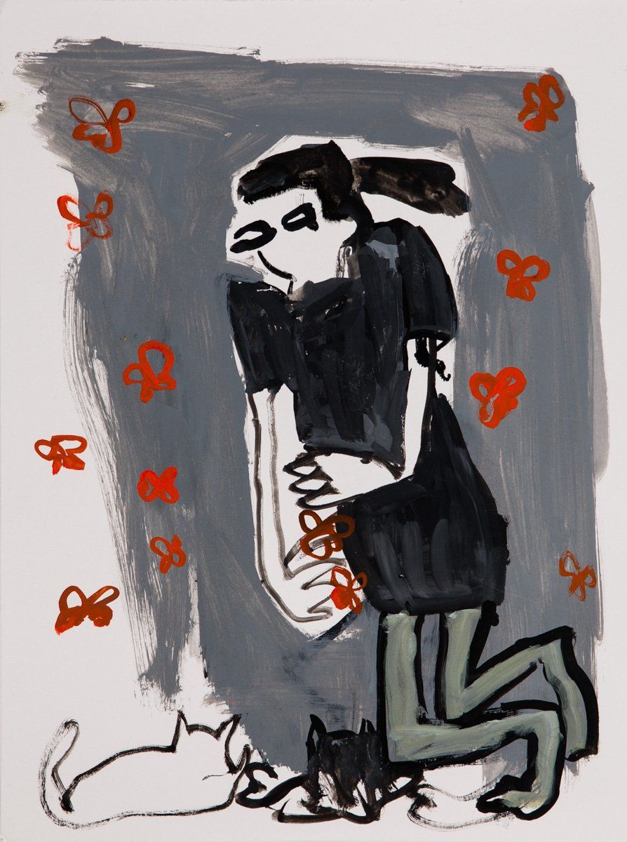 A drawing of a man kneeling down next to a cat