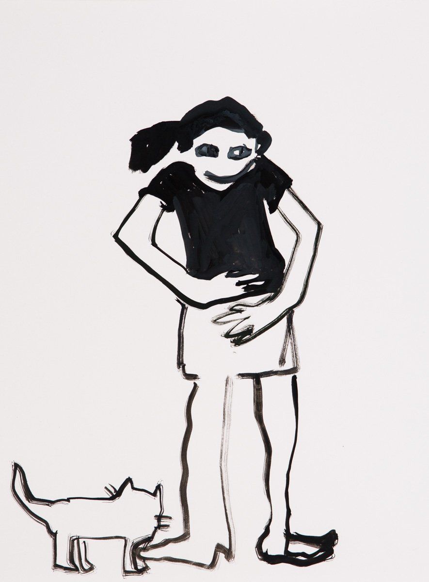 A black and white drawing of a woman and a cat