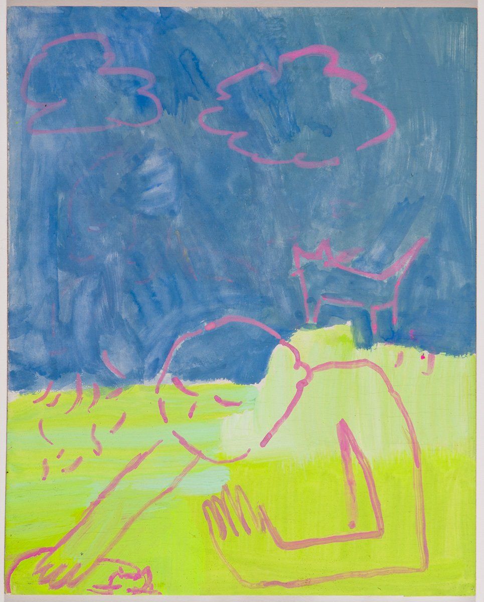 A painting of a person laying on the ground in a field.