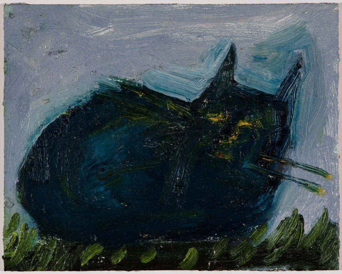 A painting of a black cat laying in the grass.