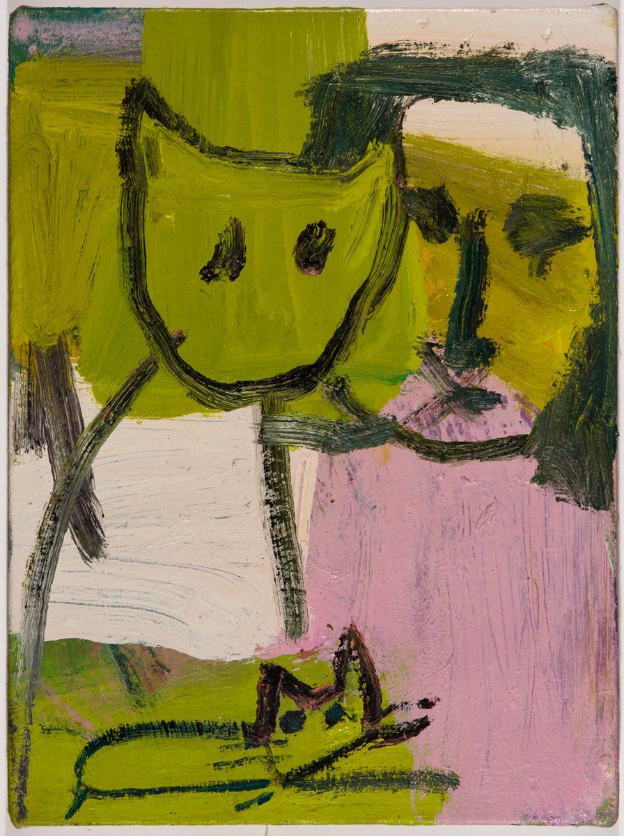 A painting of a cat on a pink and green background.