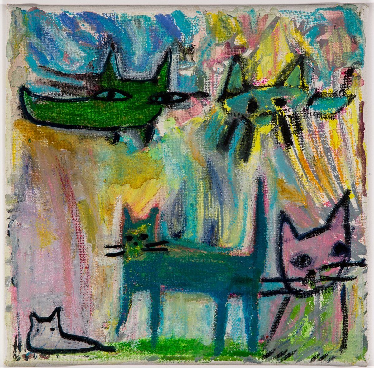 A colorful painting of three cats and a green bird.