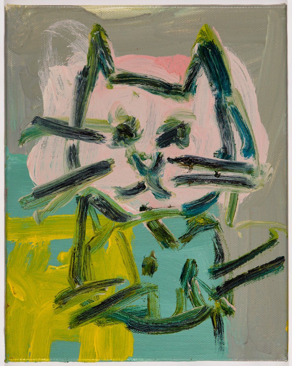 A colorful painting of a cat 's face on a gray background