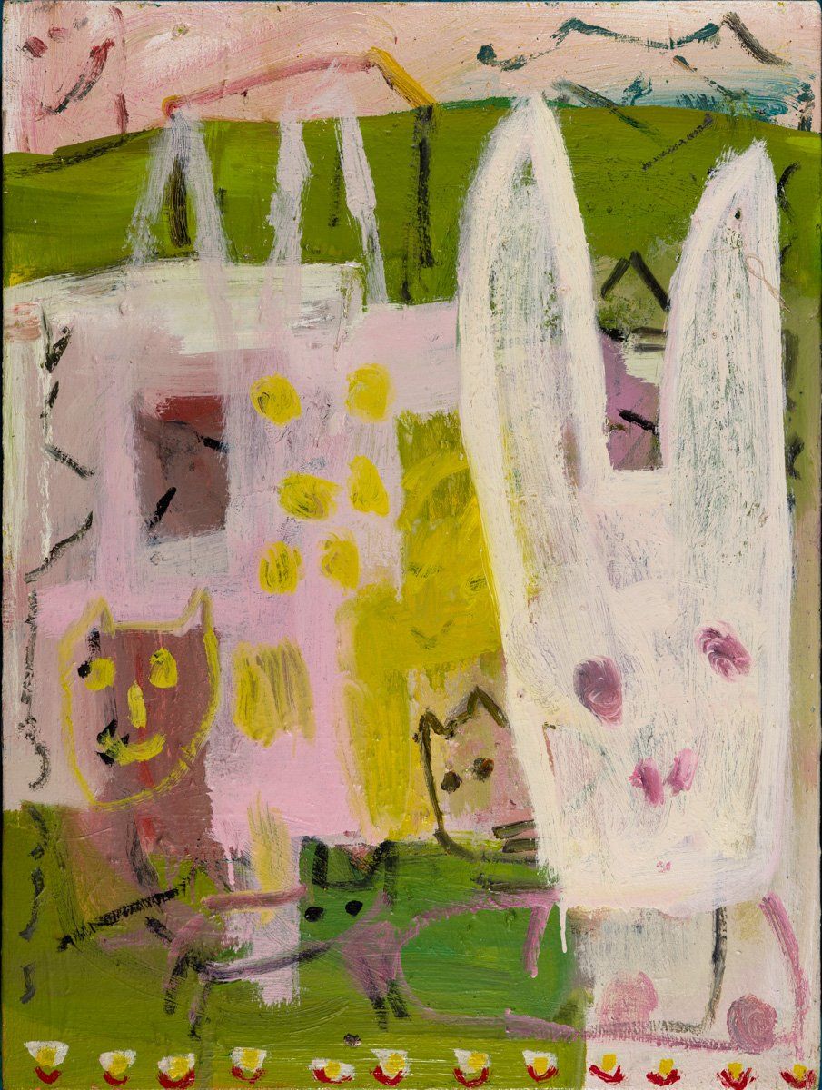 A painting of a cat and a rabbit on a green background