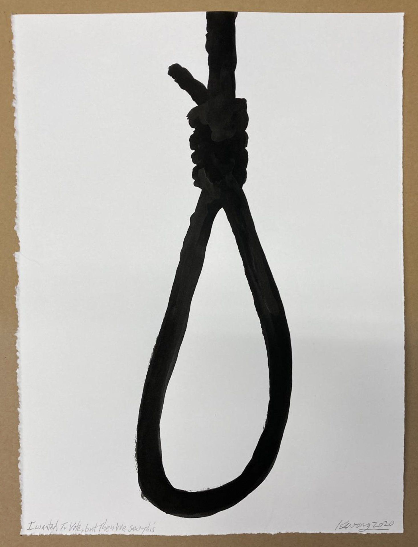 A painting of two black lines connecting at the top of a white background.