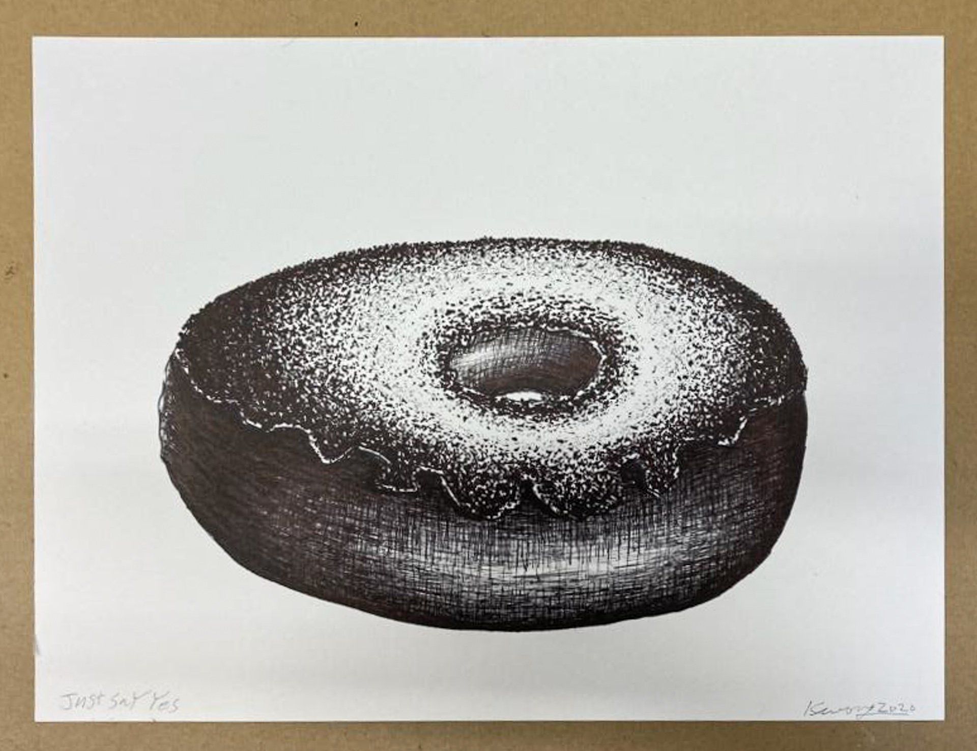 A black and white drawing of a chocolate donut with powdered sugar