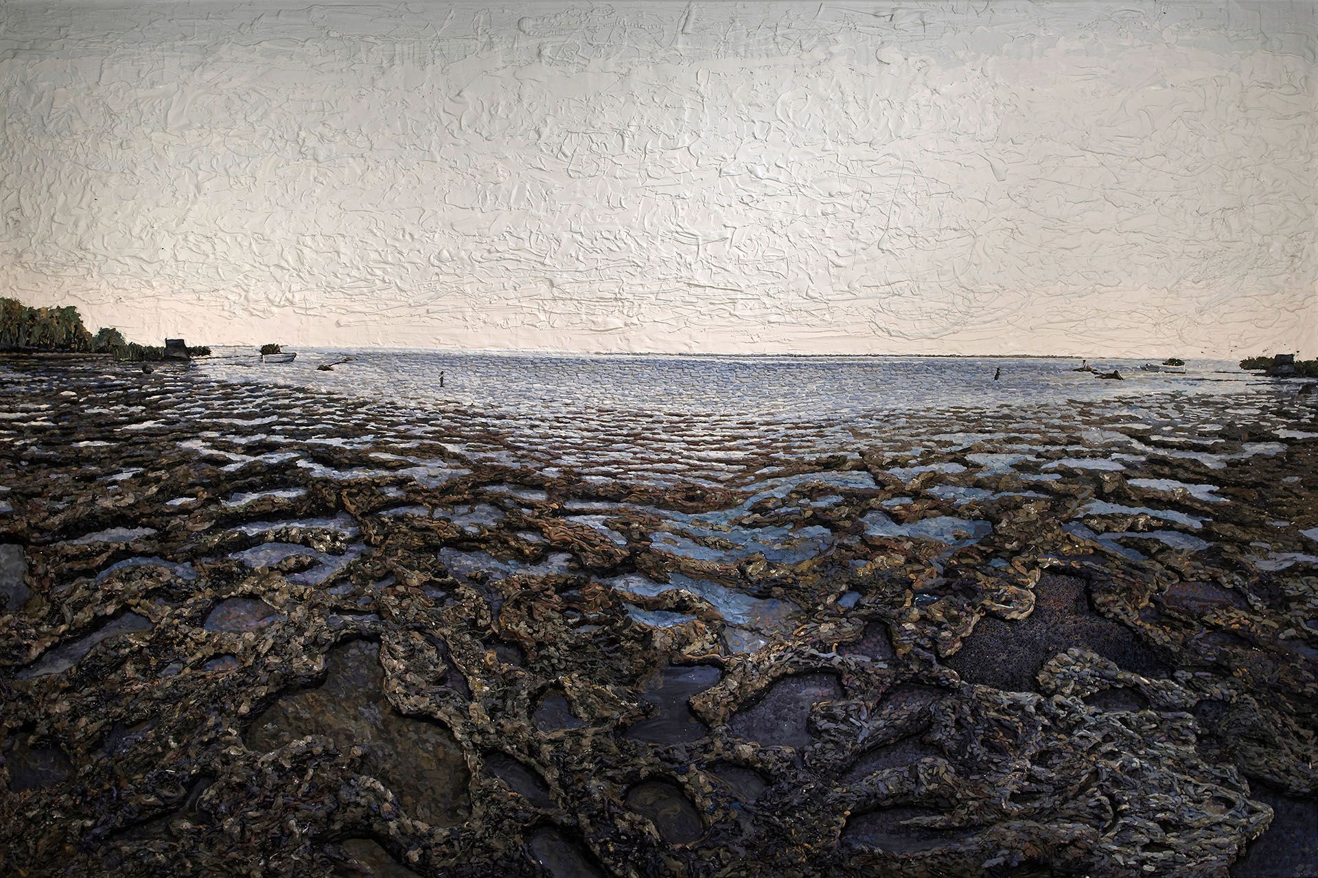 seashore with seaweed on the surface of the water.