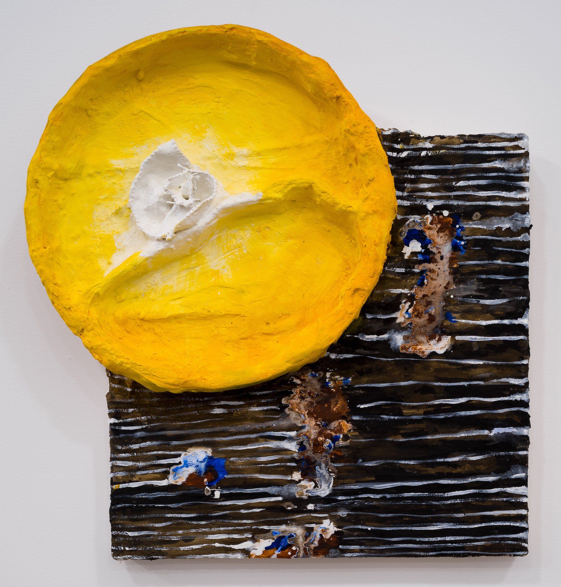 A painting of a yellow circle on a black and white background