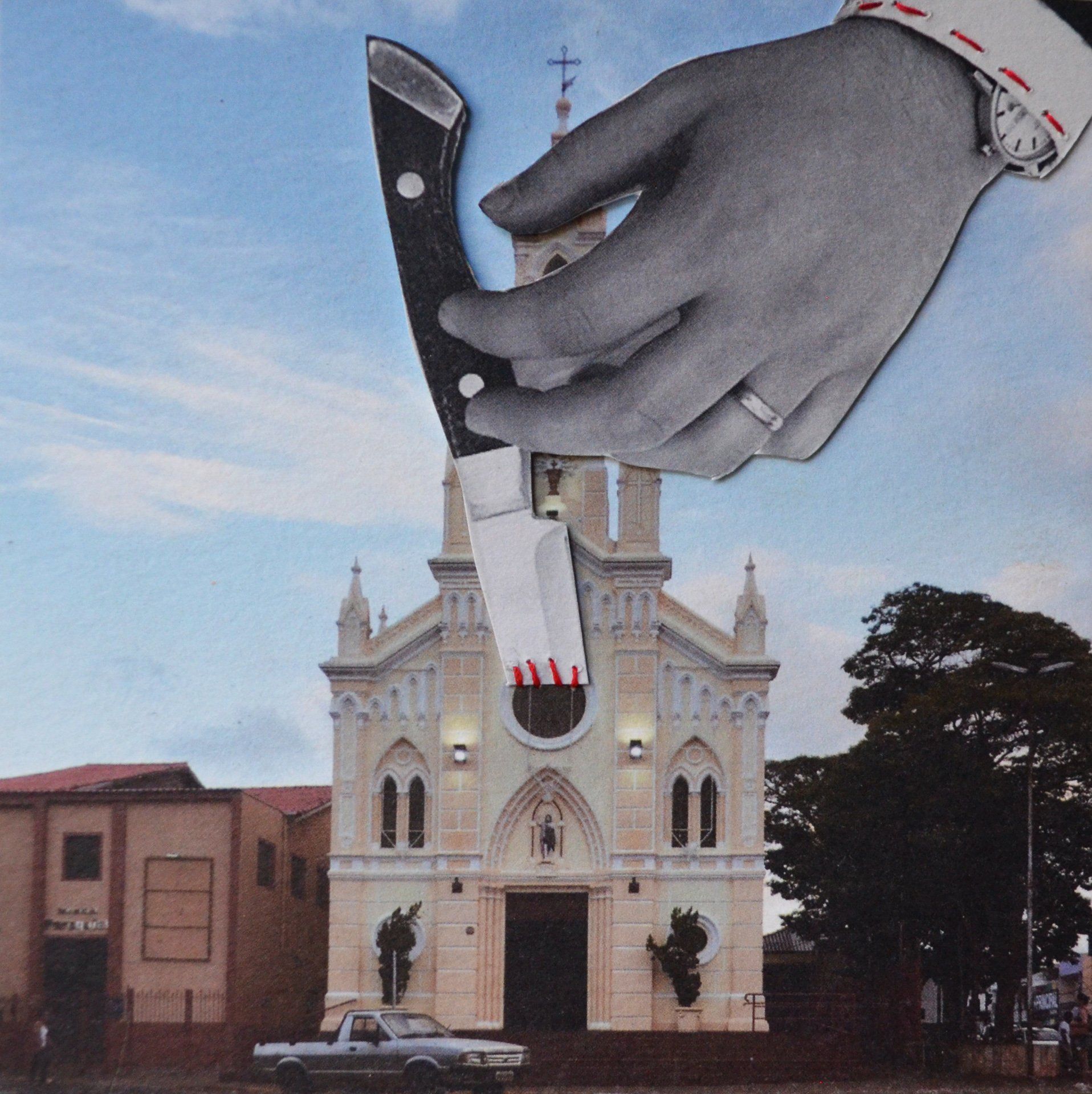 A collage featuring a white building, knife, and hand.