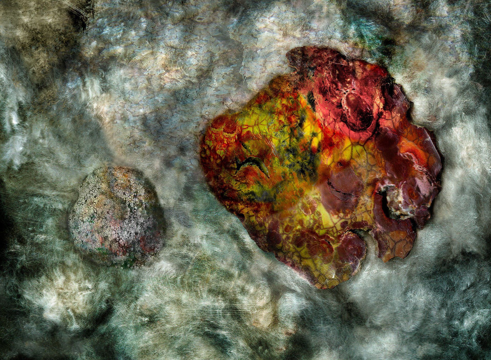 A colorful painting of a rock in the middle of a cloudy sky.