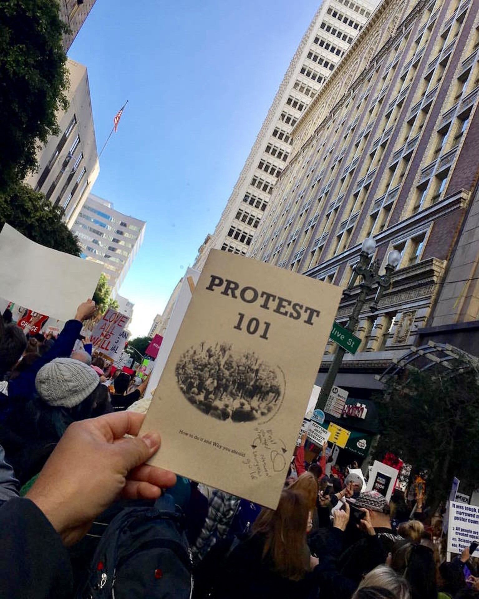 A person is holding a protest 101 sign in front of a crowd