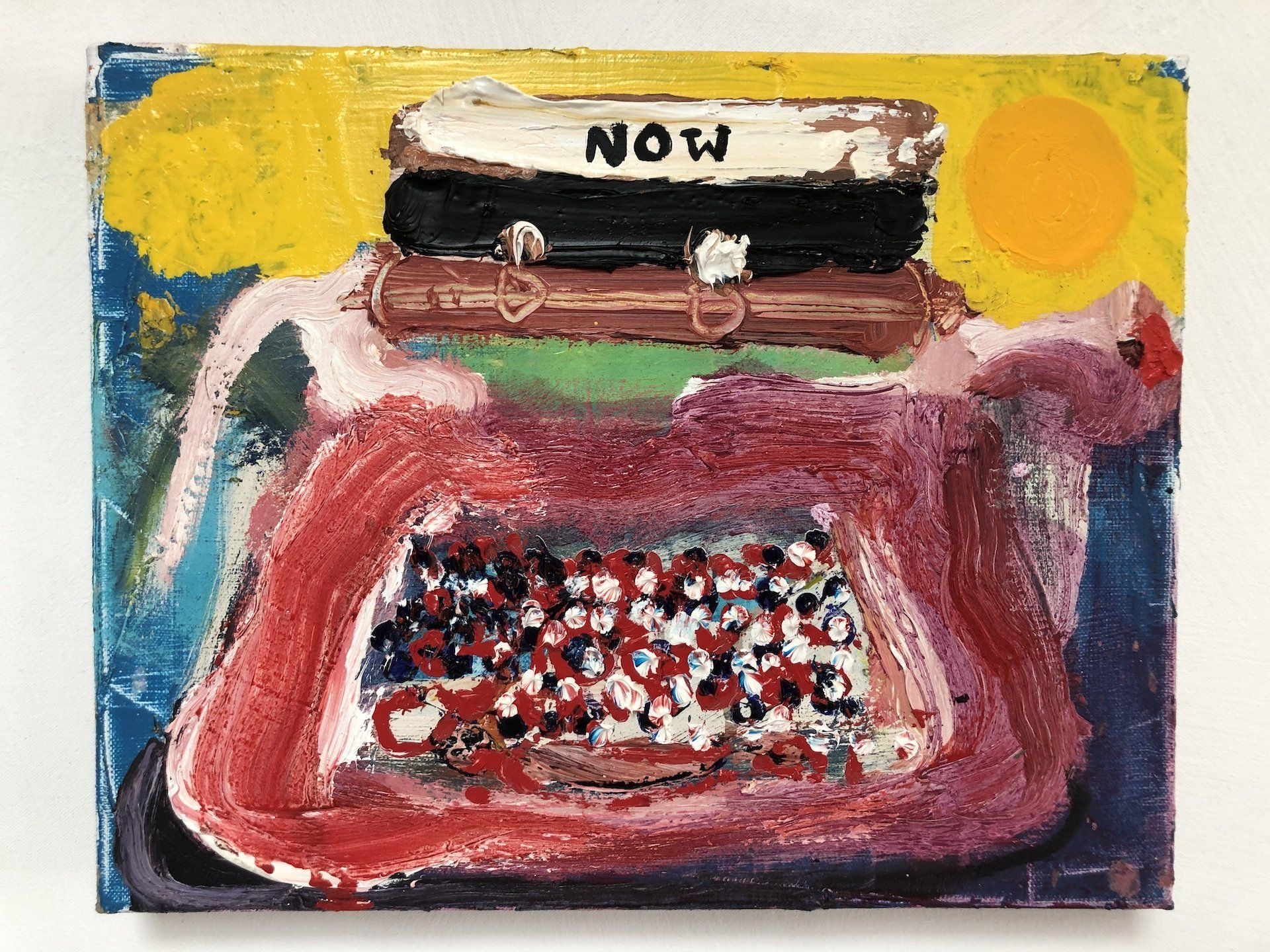 A painting of a typewriter with the word now on it