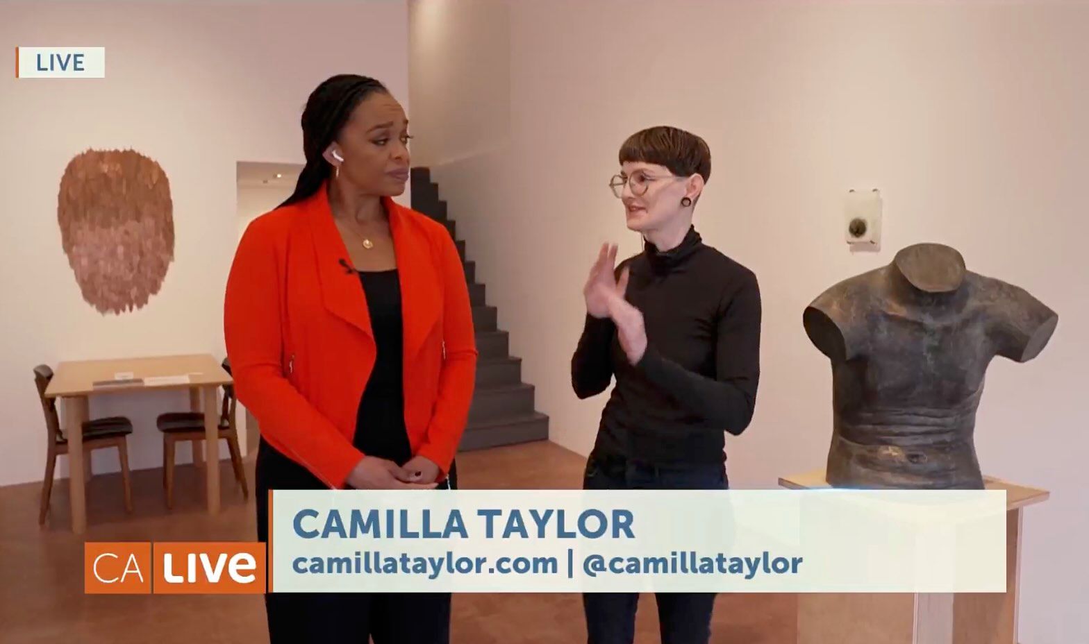 Painting of a woman with five eyes blending with an image of a ballroom.