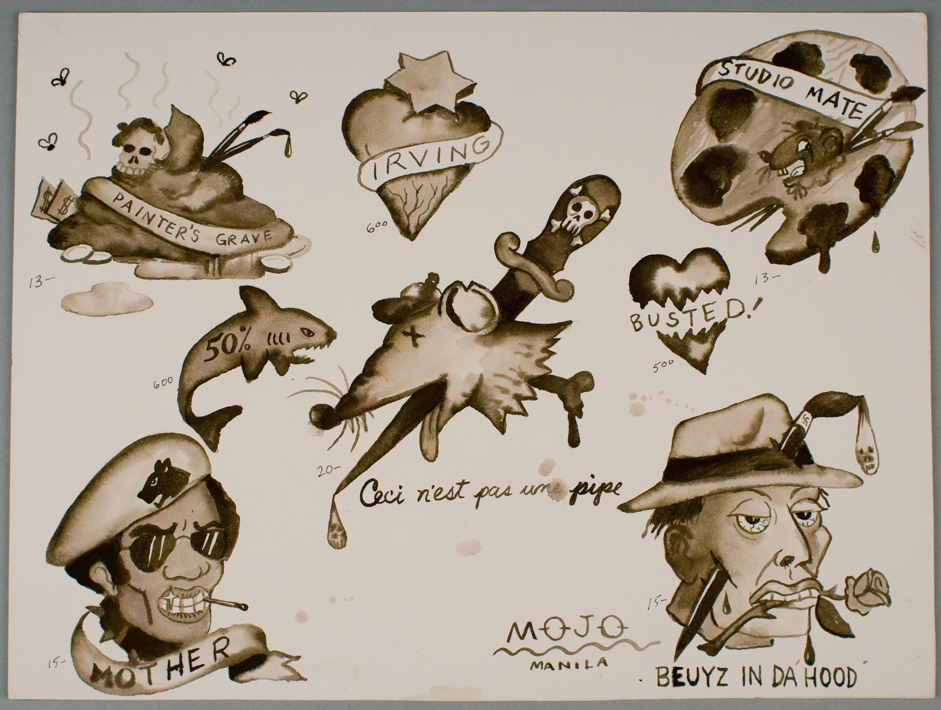 Drawings of various objects and people on a white background.