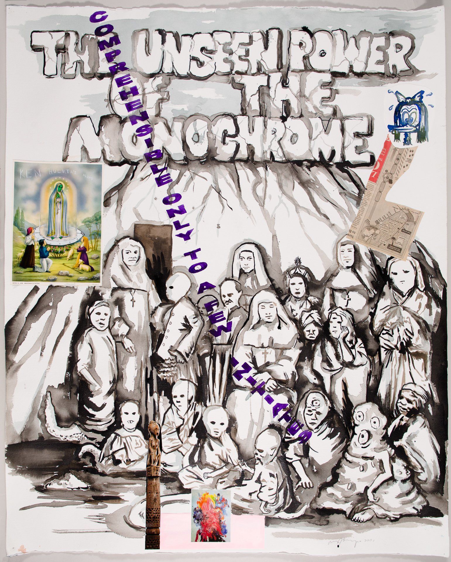 A black and white painting of a group of people with the words `` the unseen power of the monochrome '' written on it.