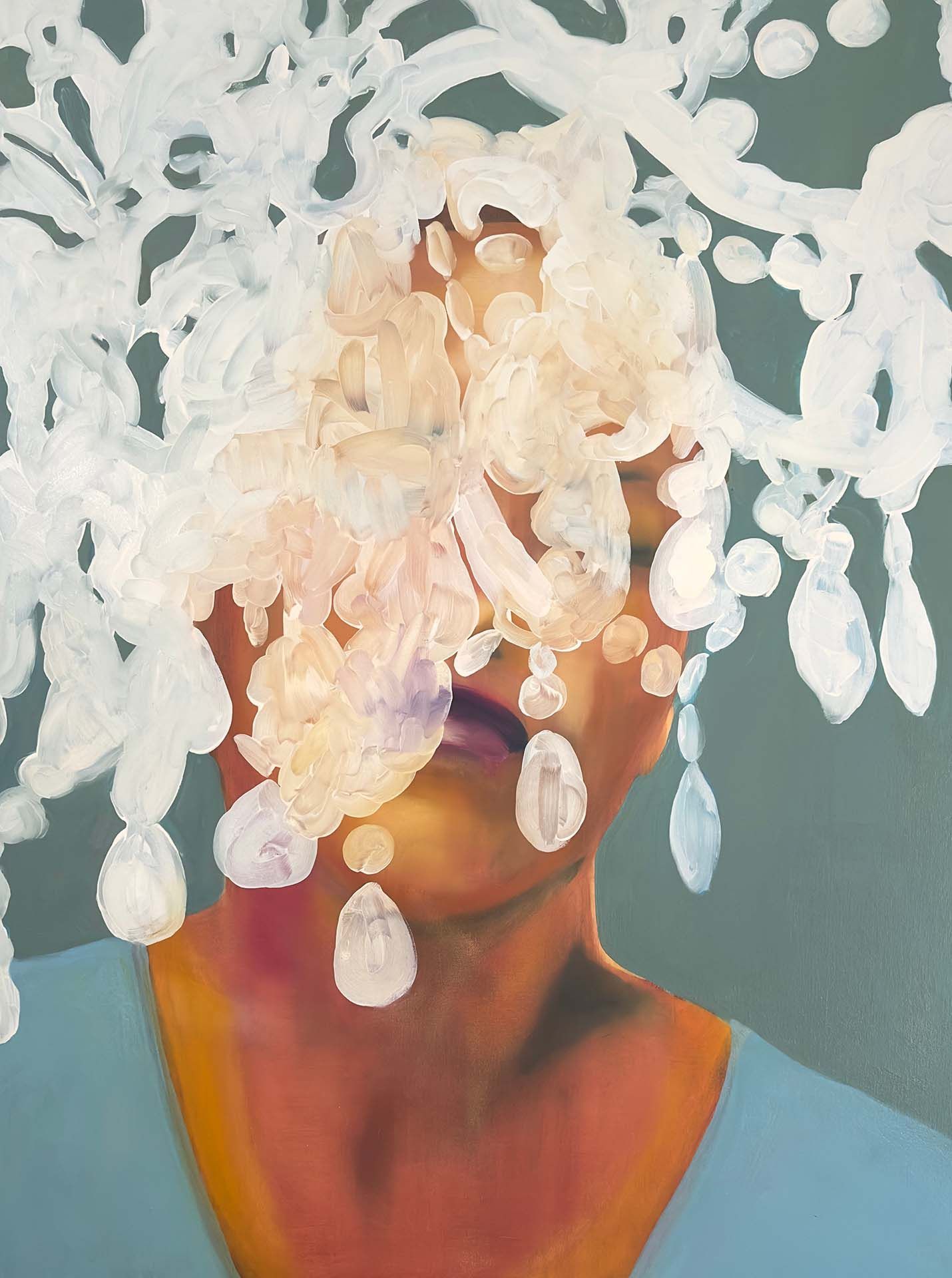 Painting of woman obscured by a chandelier.