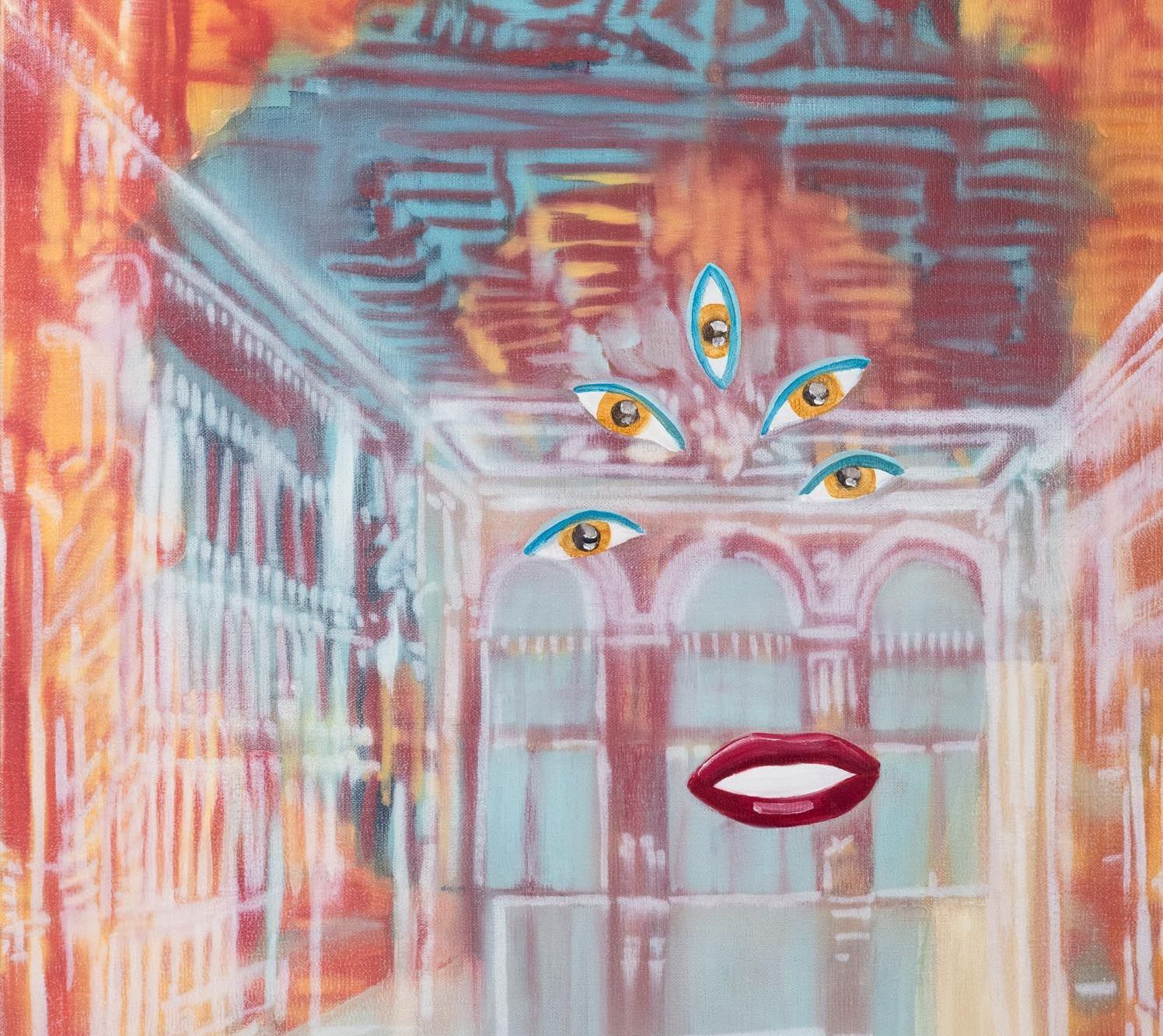 Painting of a woman with five eyes blending with an image of a ballroom.