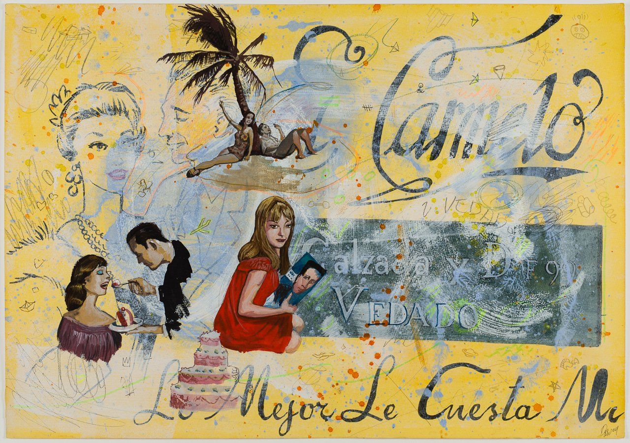 A painting with people and plants on a yellow background.