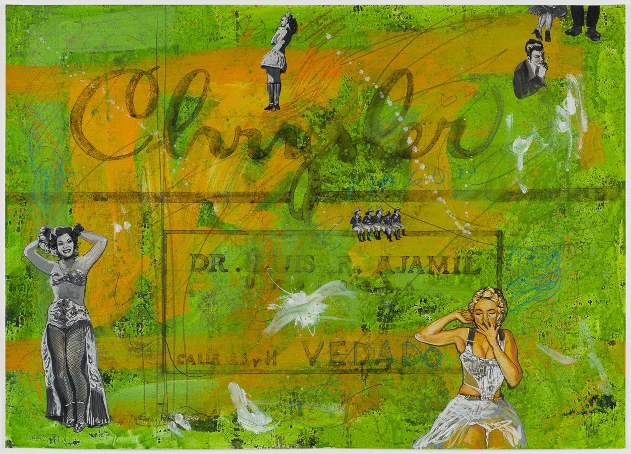 A painting of two women on a green and yellow background