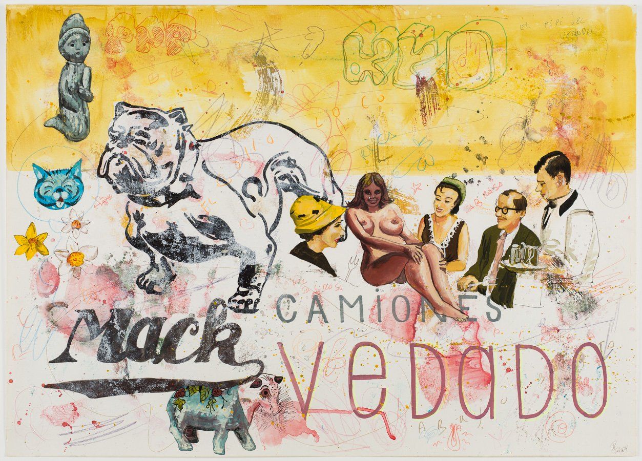 A painting of people and animals with the words mack vedudo on the bottom