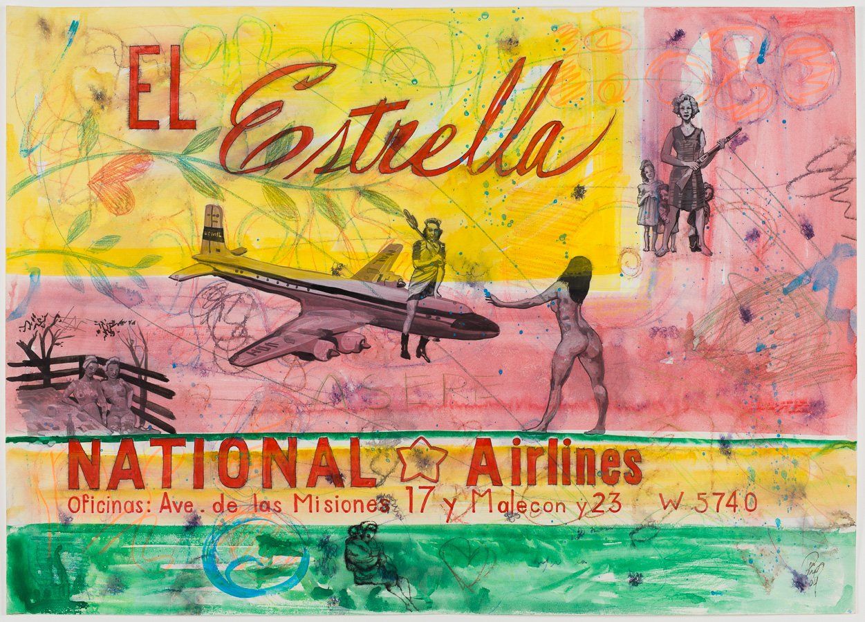 A painting of a woman standing next to a plane with the words el estrella national airlines on it