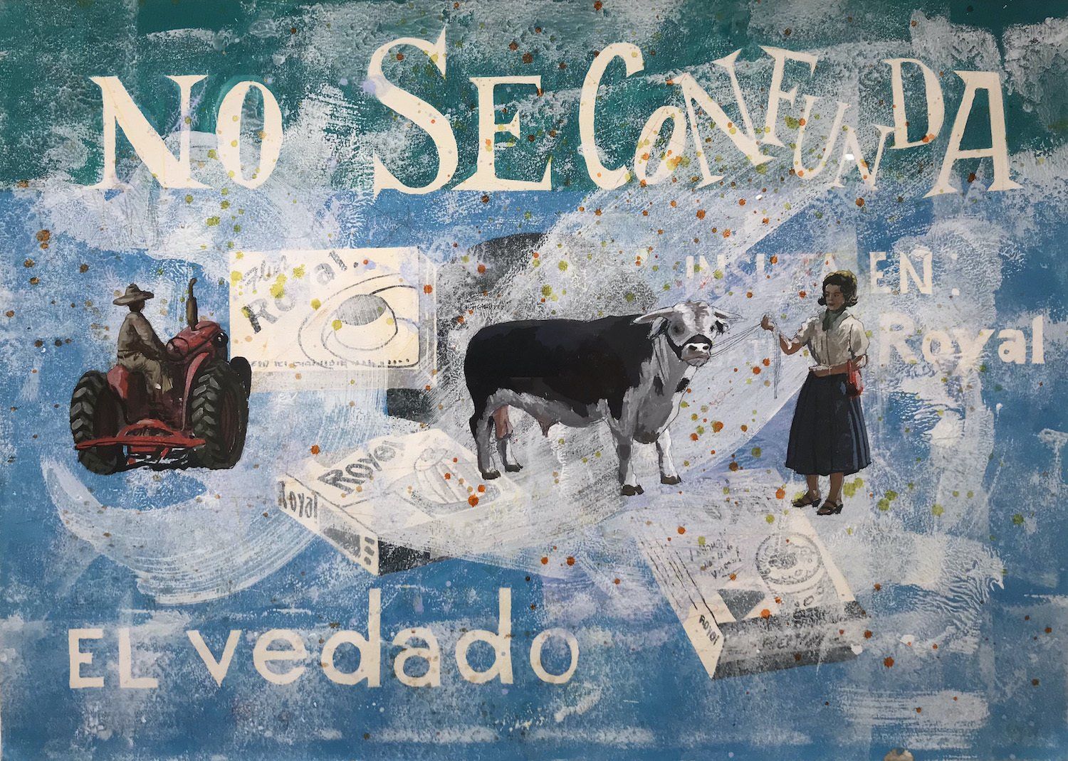 A painting of a man driving a tractor a cow and a woman