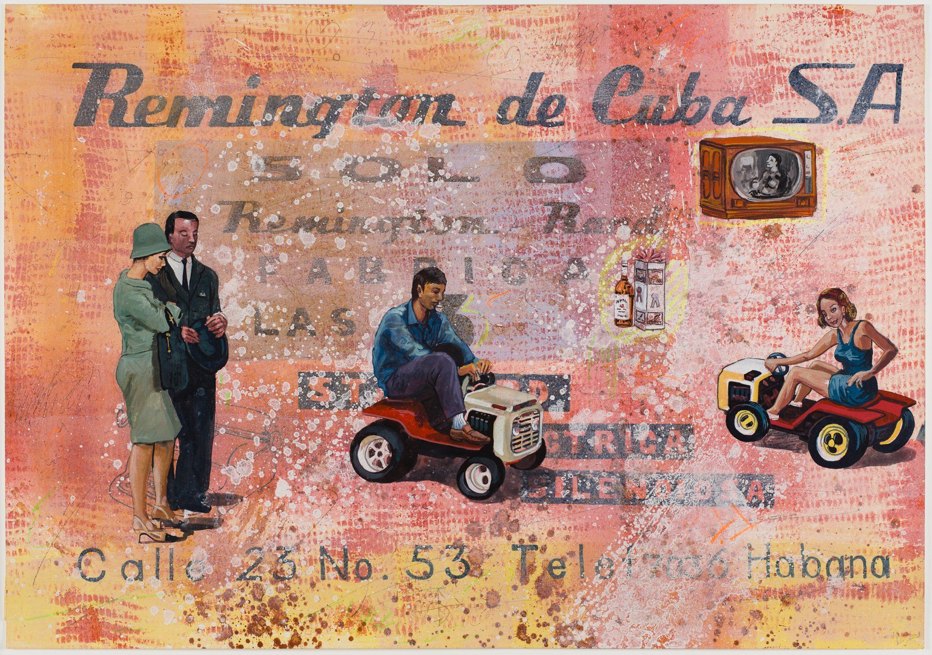 A painting of a man riding a lawn mower and a woman riding a motorcycle