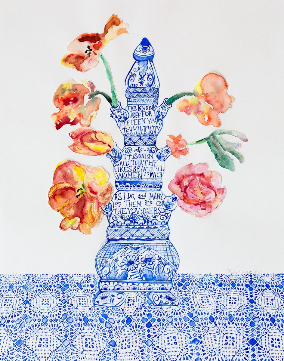 A painting of flowers in a blue and white vase